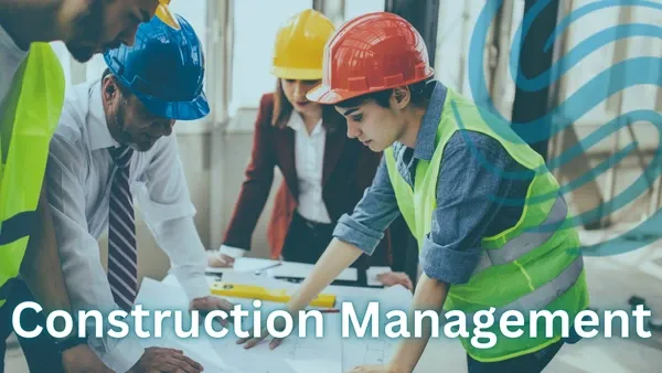 Team of people with hard hats and neon safety vests huddled over blueprints in a construction setting with the Specialized Recruiting Group Logo and the words Construction Management written over the top of the image