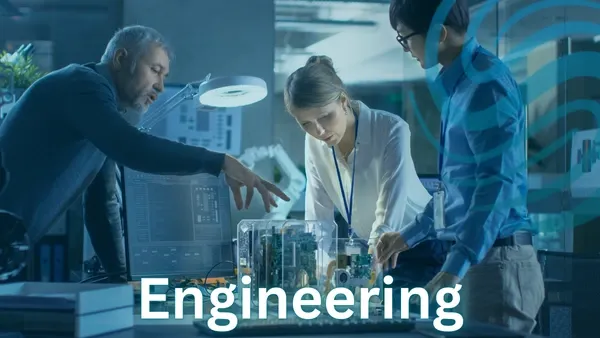 Team of three people, two males and a female, huddled over a piece of technology equipment collaborating in a laboratory setting with the Specialized Recruiting Group Logo and the word Engineering written over the top of the image