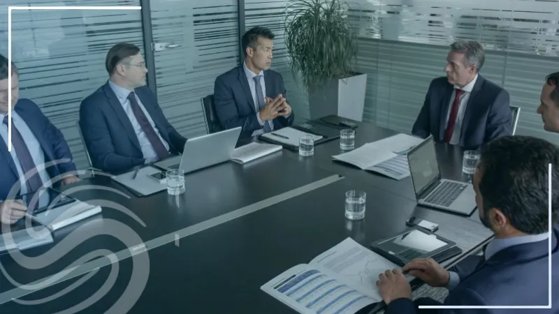 Six male executives sitting around a conference room table with laptops, tablets, cell phones, pens, portfolios, reports, and glasses of water in a board room setting with the Specialized Recruiting Group Logo