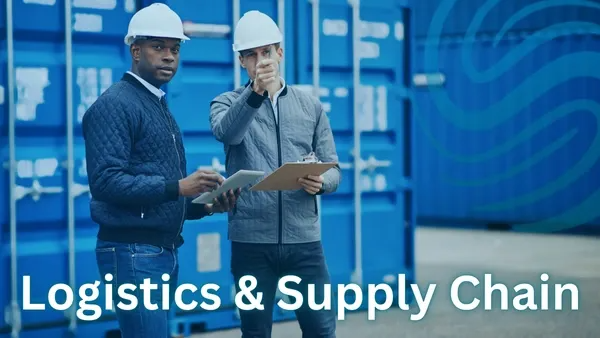 Two male colleagues standing in hard hats, jackets, and jeans holding clipboards near shipping containers in an outdoor setting with the Specialized Recruiting Group Logo and the words Logistics and Supply written over the top of the image